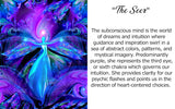 third eye art for intuition in purple and teal featuring a teal angel with spread arms against a patterned background by Primal Painter with text about the meaning of the art