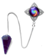 Amethyst crystal pendulum  featuring a rainbow chakra swirl art print in a silver pendant setting by Primal Painter. 