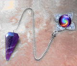 Amethsyt Crystal Pendulum, Dowsing Tool with Rainbow Swirl Chakra Art by Primal Painter - "Chakra Swirl"