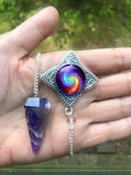 Amethsyt Crystal Pendulum, Dowsing Tool with Rainbow Swirl Chakra Art by Primal Painter - "Chakra Swirl"