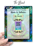 The back of a whimsical greeting card with a colorful illustration of  a frog in the lotus pose, chakras glowing, swirling fantasy background by Primal Painter