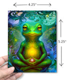 Dimensions of a whimsical greeting card with a colorful illustration of  a frog in the lotus pose, chakras glowing, swirling fantasy background by Primal Painter