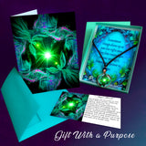 Glowing green angel necklace with a  matching card and angelic message card, twin flames gift set 