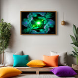 Abstract art in green with two angels facing a central green starburst and surrounded by abstract patterns and displayed in a frame over a meditation space with colorful pillows