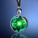 Green twin flames necklace in a silver setting
