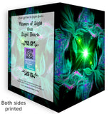 Opened greeting card showing green angel on the front, title and angelic messaging on the back. 