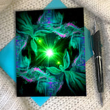 Green twin flames angel artwork greeting card with a teal blue envelope