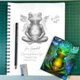 Pencil sketch of a frog in the lotus pose with the finished full-color greeting card down below.