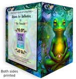 Opened front and back of a whimsical greeting card with a colorful illustration of  a frog in the lotus pose, chakras glowing, swirling fantasy background by Primal Painter