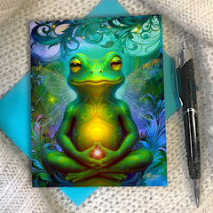 Whimsical greeting card with a colorful illustration of  a frog in the lotus pose, chakras glowing, swirling fantasy background by Primal Painter