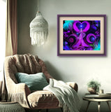 Purple, blue, and teal angel art print with art nouveau floral designs by Primal Painter, hanging over a chair