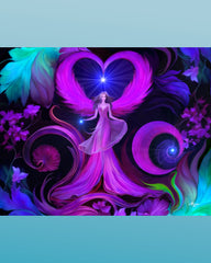 Purple, blue, and teal angel art print with art nouveau floral designs by Primal Painter