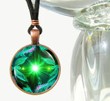 green twin flames necklace with heart chakra art by Primal Painter