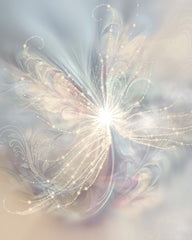 Very pale pastel peach, gray, and plum abstract angel art with ethereal wings, sparkles, and a white starburst at the center called The Angelic Realm by Primal Painter. 