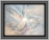 Very pale pastel peach, gray, and plum abstract angel art with ethereal wings, sparkles, and a white starburst at the center in a gray frame