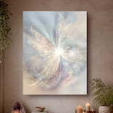 Subtle peach, gray, and plum abstract art canvas print called The Angelic Realm by Primal Painter. Hanging on a tan wall. 