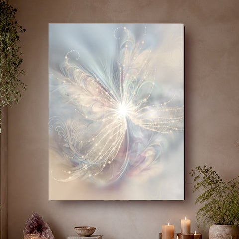 Subtle peach, gray, and plum abstract art canvas print called The Angelic Realm by Primal Painter. Hanging on a tan wall. 