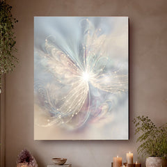 Subtle peach, gray, and plum abstract art canvas print called The Angelic Realm by Primal Painter. Hanging on a tan wall. 