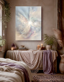Subtle peach, gray, and plum abstract art canvas print called The Angelic Realm by Primal Painter. Hanging in a boho bedroom