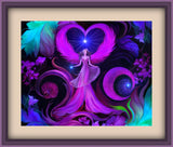 Purple, blue, and teal angel art print with art nouveau floral designs by Primal Painter, matted and framed