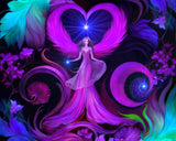 Purple, blue, and teal angel art print with art nouveau floral designs by Primal Painter
