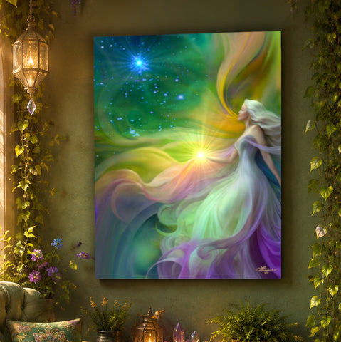 Rainbow jewel tones and flowing ribbons of ethereal color highlight this goddess art canvas print by Primal Painter called Aphrodite. 