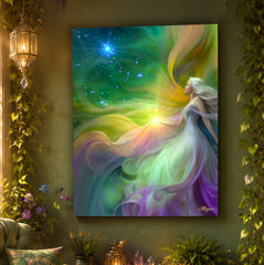 Rainbow jewel tones and flowing ribbons of ethereal color highlight this goddess art canvas print by Primal Painter called Aphrodite. 