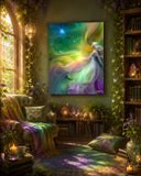 Rainbow jewel tones and flowing ribbons of ethereal color highlight this goddess art canvas print by Primal Painter called Aphrodite. Hanging in a boho reading room