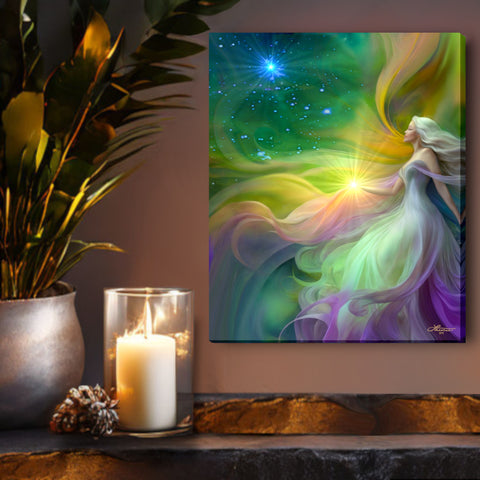 Rainbow jewel tones and flowing ribbons of ethereal color highlight this goddess art canvas print by Primal Painter called Aphrodite. Displayed over a shelf with a candle