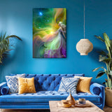 Rainbow jewel tones and flowing ribbons of ethereal color highlight this goddess art canvas print by Primal Painter called Aphrodite. Hanging over a blue couch on a blue wall