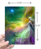 Dimensions of Rainbow goddess art called Aphrodite by Primal Painter. Story card with quote, myth, and legend inside. Blue envelope included. 