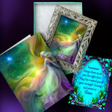 Gift set of framed Rainbow goddess artwork called Aphrodite with a matching story card of lore and quote plus a blessing card by Primal Painter 