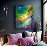Rainbow jewel tones and flowing ribbons of ethereal color highlight this goddess art canvas print by Primal Painter called Aphrodite. Hanging over a bed on a dark gray wall