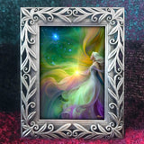 Rainbow goddess mini artwork called Aphrodite by Primal Painter in a decorative pewter frame. 