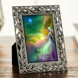 Rainbow goddess mini artwork called Aphrodite by Primal Painter in a decorative pewter frame. 