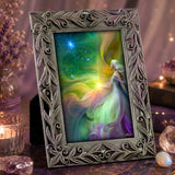 Rainbow goddess artwork called Aphrodite by Primal Painter in a decorative pewter frame. 