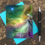 Rainbow goddess art called Aphrodite by Primal Painter. Story card with quote, myth, and legend inside. Blue envelope included. 