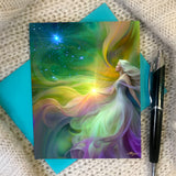 Rainbow goddess art called Aphrodite by Primal Painter. Story card with quote, myth, and legend inside. Blue envelope included. 