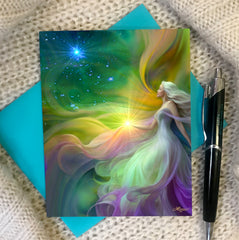 Rainbow goddess art called Aphrodite by Primal Painter. Story card with quote, myth, and legend inside. Blue envelope included. 