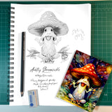Artistic sketch of a happy mushroom character with a pencil and eraser on a green grid background with the finished full color greeting card.