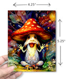 Dimensions of Auntsy Shroomsickle mushroom greeting card featuring red-capped mushroom with sparkling fingertips, tiny mushroom followers, full-color artwork