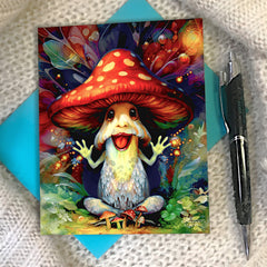 Auntsy Shroomsickle mushroom greeting card featuring red-capped mushroom with sparkling fingertips, tiny mushroom followers, full-color artwork