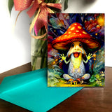 Auntsy Shroomsickle mushroom greeting card featuring red-capped mushroom with sparkling fingertips, tiny mushroom followers, full-color artwork