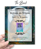 The back of a Funny greeting card featuring a grumpy owl sitting on a branch, wearing a tophat, and smoking a pipe. QR code for Primal Painter