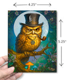 Dimensions of a Funny greeting card featuring a grumpy owl sitting on a branch, wearing a tophat, and smoking a pipe, created by Primal Painter.