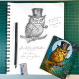 pencil sketch of a grumpy owl in a top hat, smoking a pipe and sitting on a branch with the finished full-color greeting card on the bottom. 
