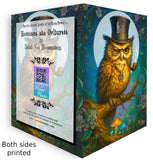 Front and back of a Funny greeting card featuring a grumpy owl sitting on a branch, wearing a tophat, and smoking a pipe, created by Primal Painter.