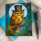 Funny greeting card featuring a grumpy owl sitting on a branch, wearing a tophat, and smoking a pipe, created by Primal Painter.