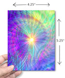 Pastel rainbow swirl art card with a blue envelope, art by Primal Painter. Dimensions