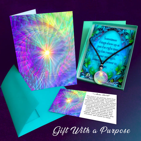 Rainbow swirl art 3 piece gift set with matching necklace, greeting card, symbolism card and gift box. 